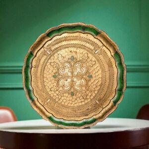 Vtg Florentine Italian Hand-painted Gilt Ornate Decor/Serving Tray 13" Scalloped